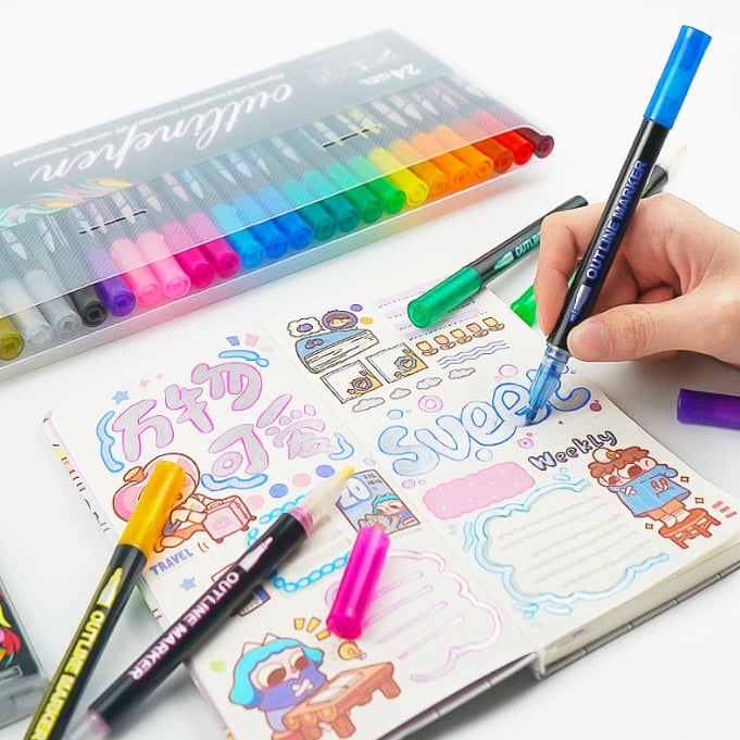 🔥Final 3 Hours: 70%OFF🔥Metallic Double Line Markers - 24/48/60 Vibrant Colors with Built-In Glitter Outlines - Non-Toxic Art Supplies for Journaling, Card Making & DIY Crafts-FO