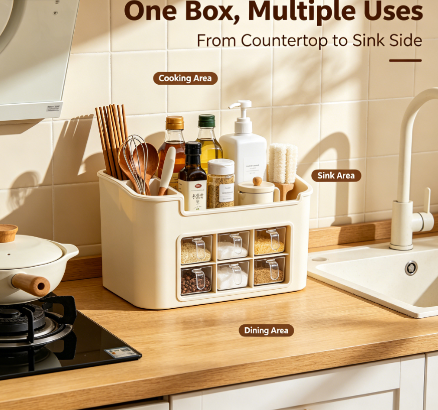 Cream Multi-grid Kitchen Countertop Storage Organizer Box