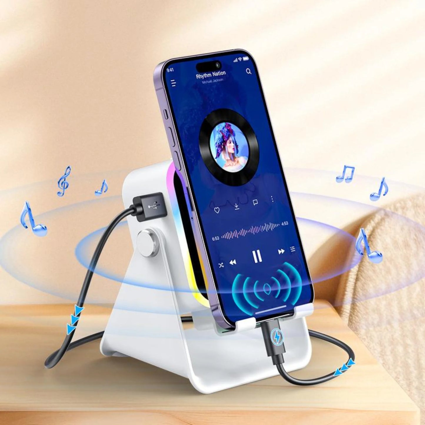đ„Final 3 Hours: 70%OFFđ„ Wireless Induction Audio Speaker Stand, 5in1 Cellphone Holder, Rechargeable Emergency Power Bank,360° Adjustable Mobile Tablet Stand with Colorful Ambient Light Gifts for Men Women-FO
