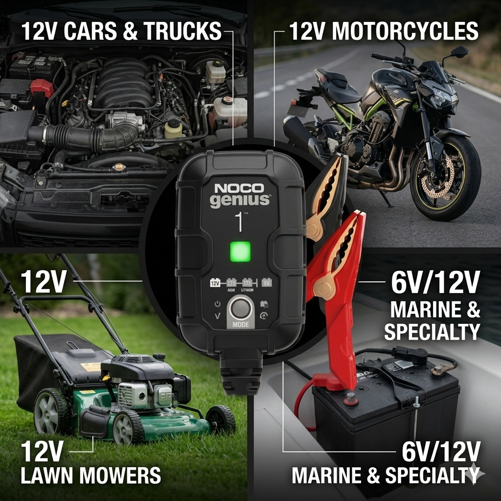 NOCO GENIUS1 1A Smart Battery Charger, 6V and 12V, Battery Maintainer, Trickle Charger and Desulfator -KKK