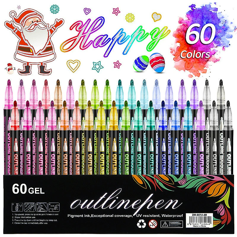 🔥Final 3 Hours: 70%OFF🔥Metallic Double Line Markers - 24/48/60 Vibrant Colors with Built-In Glitter Outlines - Non-Toxic Art Supplies for Journaling, Card Making & DIY Crafts-FO