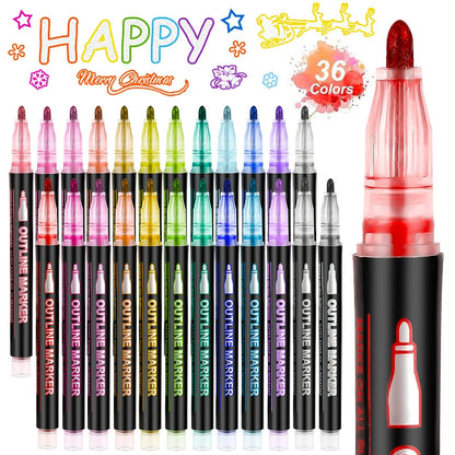 🔥Final 3 Hours: 70%OFF🔥Metallic Double Line Markers - 24/48/60 Vibrant Colors with Built-In Glitter Outlines - Non-Toxic Art Supplies for Journaling, Card Making & DIY Crafts-FO