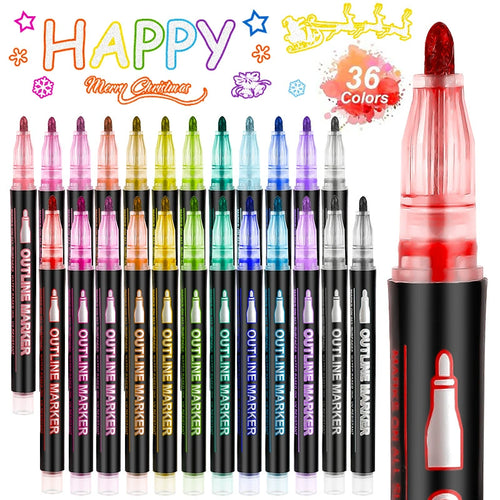 🔥Final 3 Hours: 70%OFF🔥Metallic Double Line Markers - 24/48/60 Vibrant Colors with Built-In Glitter Outlines - Non-Toxic Art Supplies for Journaling, Card Making & DIY Crafts-FO