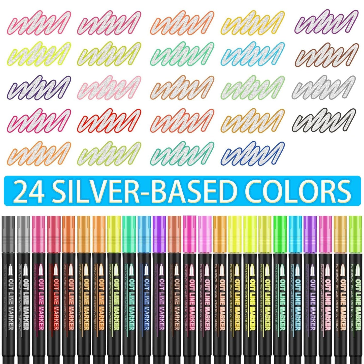 🔥Final 3 Hours: 70%OFF🔥Metallic Double Line Markers - 24/48/60 Vibrant Colors with Built-In Glitter Outlines - Non-Toxic Art Supplies for Journaling, Card Making & DIY Crafts-FO