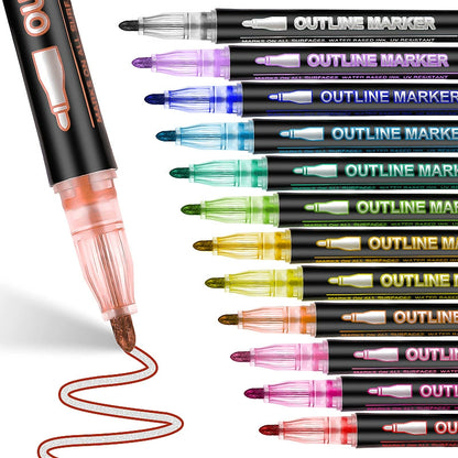 🔥Final 3 Hours: 70%OFF🔥Metallic Double Line Markers - 24/48/60 Vibrant Colors with Built-In Glitter Outlines - Non-Toxic Art Supplies for Journaling, Card Making & DIY Crafts-FO
