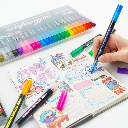 🔥Final 3 Hours: 70%OFF🔥Metallic Double Line Markers - 24/48/60 Vibrant Colors with Built-In Glitter Outlines - Non-Toxic Art Supplies for Journaling, Card Making & DIY Crafts-FO