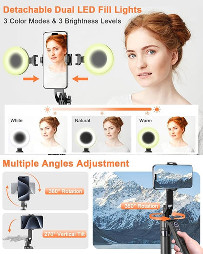 Smart Face-Tracking Selfie Stick, Rechargeable 360-Degree Auto-Tracking Phone Holder with 2 Fill Lights, Tripod Light, Smartphone Camera Accessory for Vlogging & Live Streaming-BP