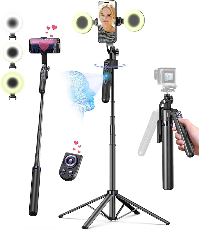 Smart Face-Tracking Selfie Stick, Rechargeable 360-Degree Auto-Tracking Phone Holder with 2 Fill Lights, Tripod Light, Smartphone Camera Accessory for Vlogging & Live Streaming-BP