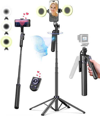 Smart Face-Tracking Selfie Stick, Rechargeable 360-Degree Auto-Tracking Phone Holder with 2 Fill Lights, Tripod Light, Smartphone Camera Accessory for Vlogging & Live Streaming-BP