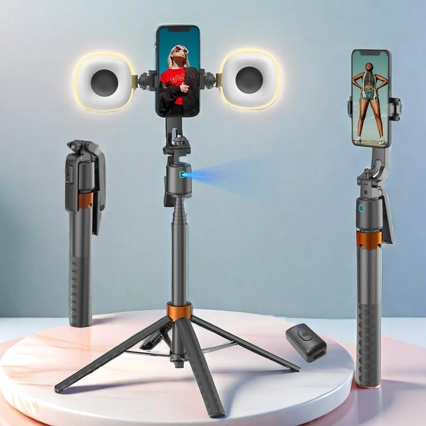 Smart Face-Tracking Selfie Stick, Rechargeable 360-Degree Auto-Tracking Phone Holder with 2 Fill Lights, Tripod Light, Smartphone Camera Accessory for Vlogging & Live Streaming-BP