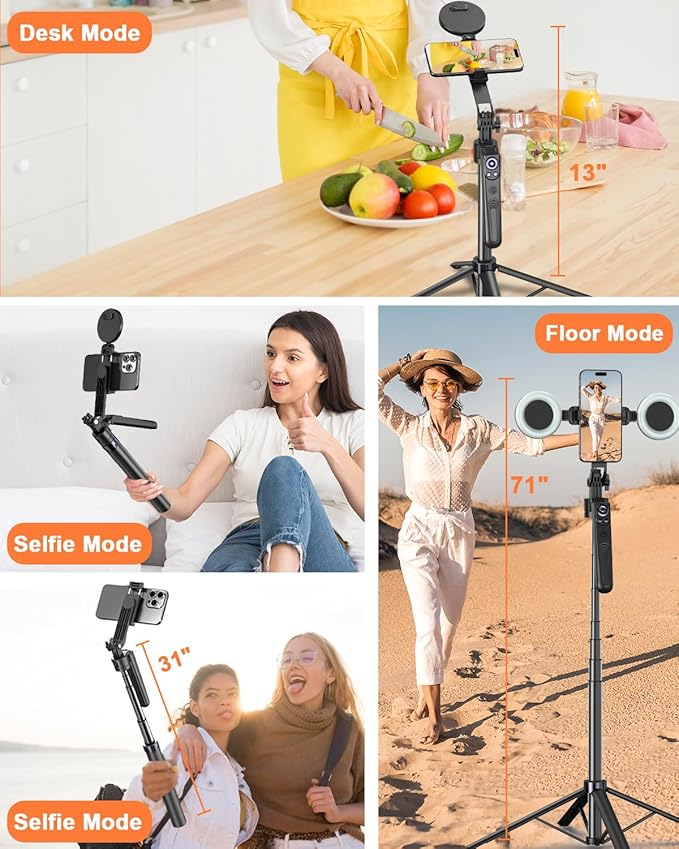 Smart Face-Tracking Selfie Stick, Rechargeable 360-Degree Auto-Tracking Phone Holder with 2 Fill Lights, Tripod Light, Smartphone Camera Accessory for Vlogging & Live Streaming-BP