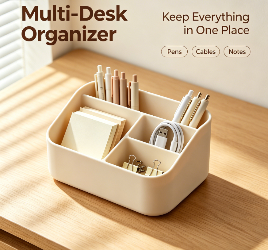 Multi Compartment Desk Organizer, Cream Plastic Desktop Storage Caddy for Pens Stationery Cable Cosmetic, Multi-scene Office Vanity Table Storage Box