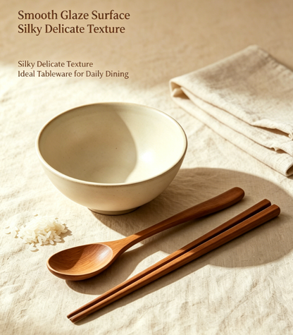 Minimalist Cream Ceramic Bowl Wooden Utensils Tableware Set