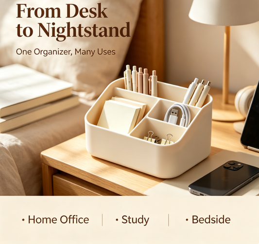 Multi Compartment Desk Organizer, Cream Plastic Desktop Storage Caddy for Pens Stationery Cable Cosmetic, Multi-scene Office Vanity Table Storage Box