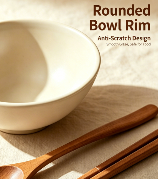 Minimalist Cream Ceramic Bowl Wooden Utensils Tableware Set