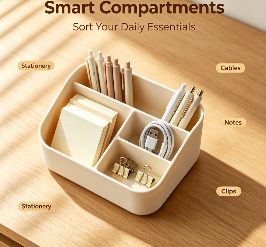 Multi Compartment Desk Organizer, Cream Plastic Desktop Storage Caddy for Pens Stationery Cable Cosmetic, Multi-scene Office Vanity Table Storage Box