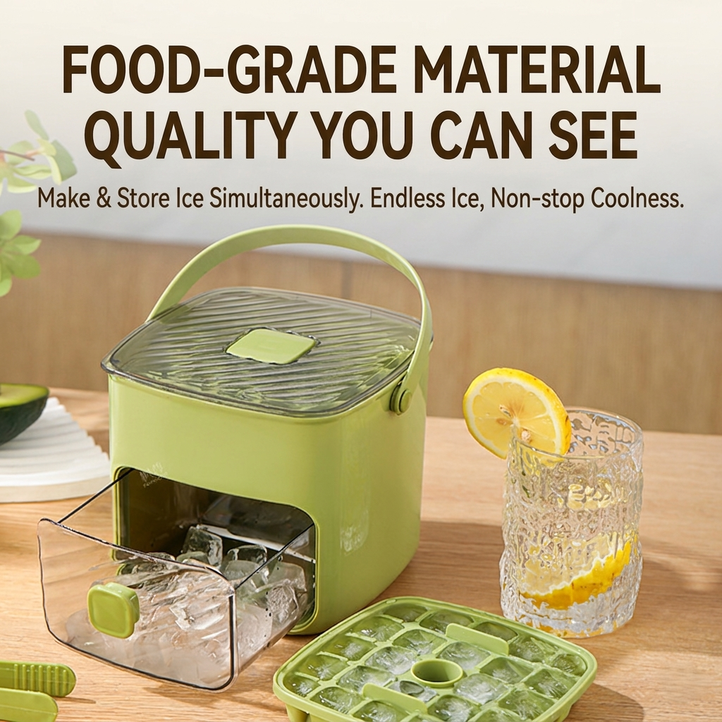 🧊48-Grid Portable Ice Bucket & Maker, Large Capacity Press-to-Release Ice Cube Tray with Storage Bin-OA