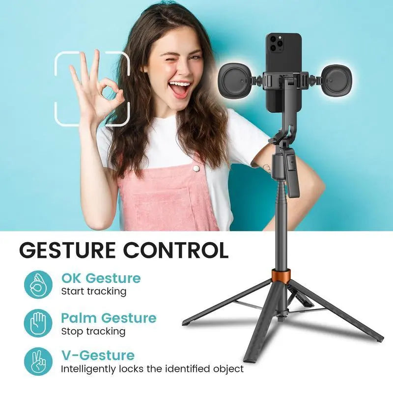 Smart Face-Tracking Selfie Stick, Rechargeable 360-Degree Auto-Tracking Phone Holder with 2 Fill Lights, Tripod Light, Smartphone Camera Accessory for Vlogging & Live Streaming-BP