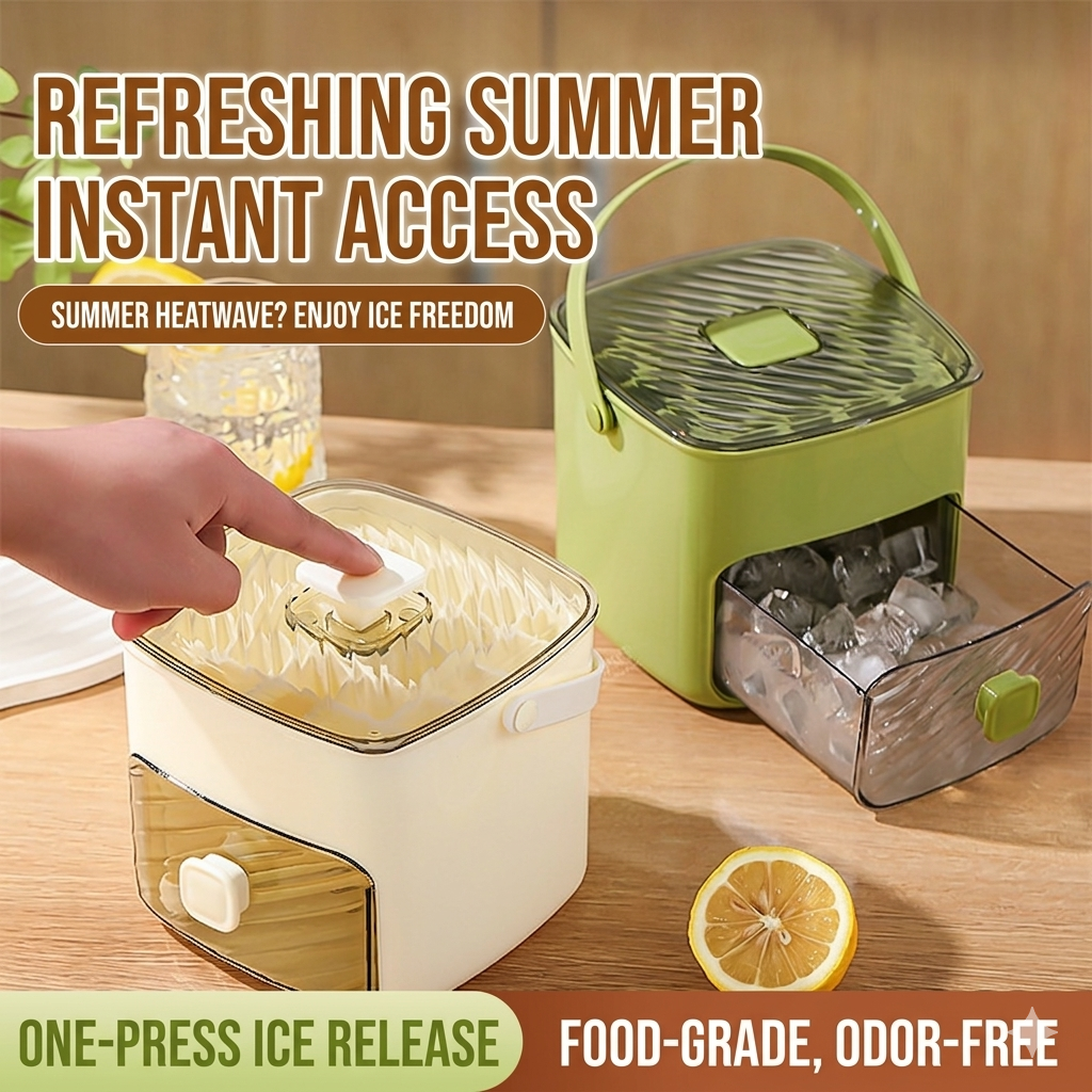 🧊48-Grid Portable Ice Bucket & Maker, Large Capacity Press-to-Release Ice Cube Tray with Storage Bin-OA