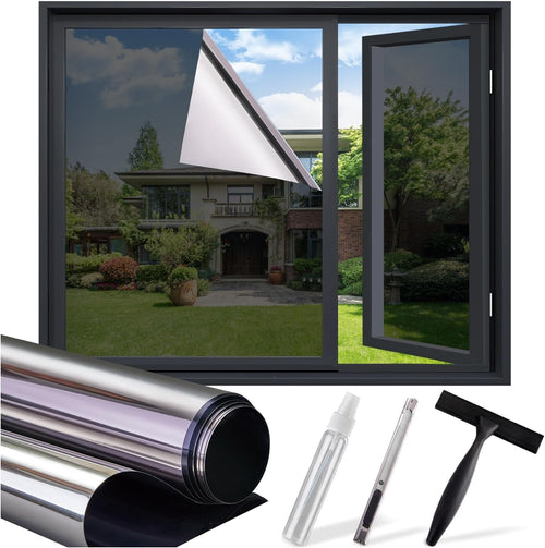 Lámina de privacidad unidireccional para ventanas, que bloquea el calor y los rayos UV, película electrostática sin pegamento apta para inquilinos para dormitorio, oficina y puerta corrediza de vidrio, pulgadas con 2 herramientas-OA
