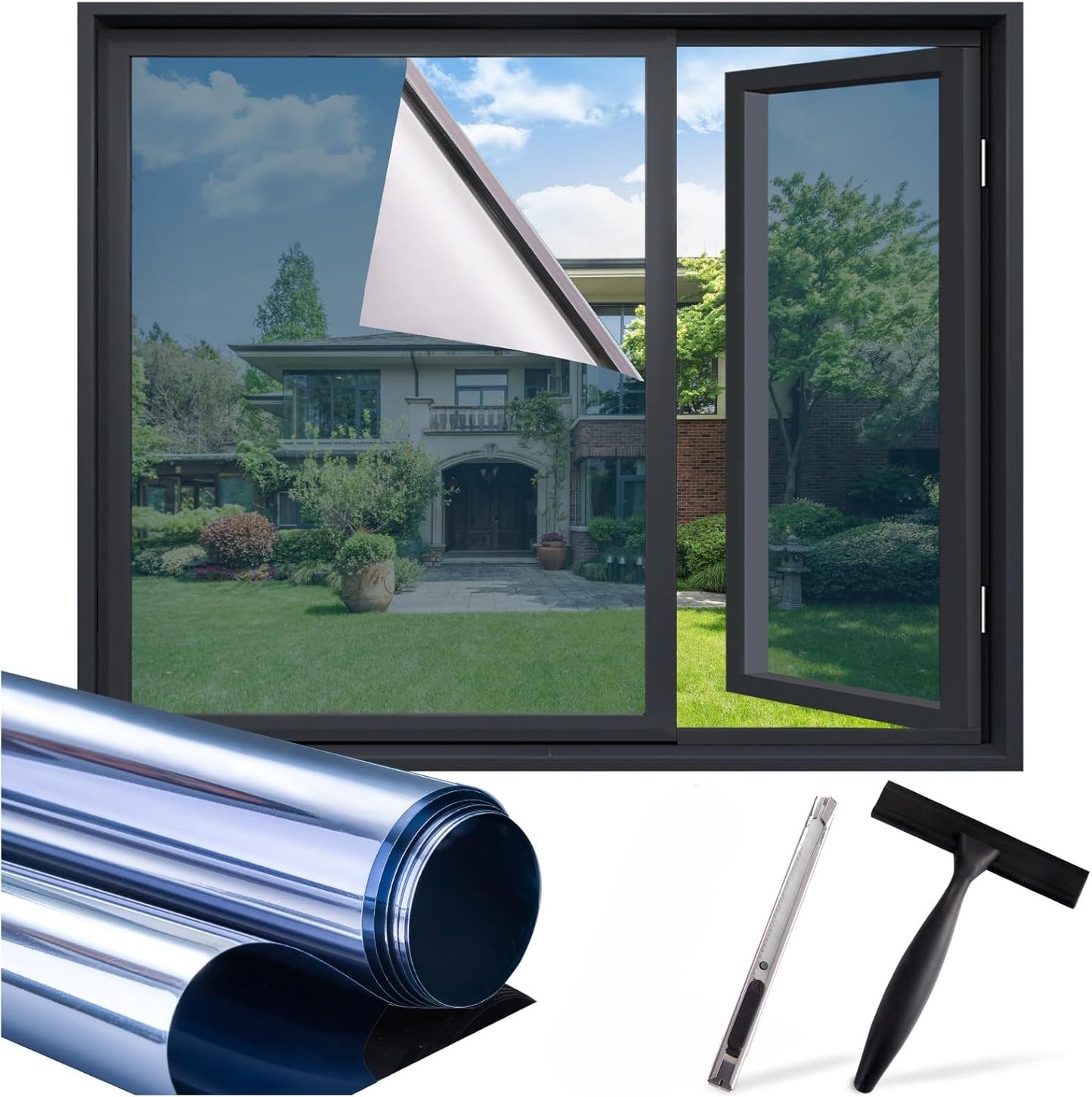 Lámina de privacidad unidireccional para ventanas, que bloquea el calor y los rayos UV, película electrostática sin pegamento apta para inquilinos para dormitorio, oficina y puerta corrediza de vidrio, pulgadas con 2 herramientas-OA