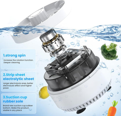 Fruit and Vegetable Washing Machine. Rotatable Fruit and Vegetable Purifier. The Fruit Cleaner Device Automatically Turns on in The Water. Use Water Rotator and OH ion Purification Technology-OA