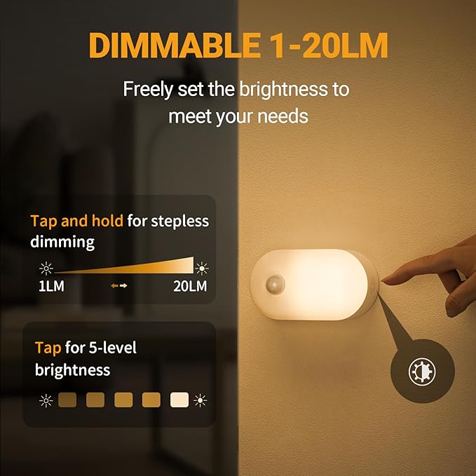 Luz Nocturna con Batería Recargable y Sensor de Movimiento, Adherible en Cualquier Lugar, Luz Nocturna LED Regulable de 1-20LM para el Dormitorio, Baño, Sala de Estar, Cocina, Escaleras, Pasillo -KKK
