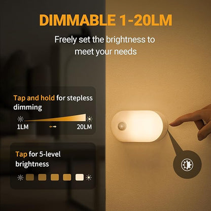 Luz Nocturna con Batería Recargable y Sensor de Movimiento, Adherible en Cualquier Lugar, Luz Nocturna LED Regulable de 1-20LM para el Dormitorio, Baño, Sala de Estar, Cocina, Escaleras, Pasillo -KKK