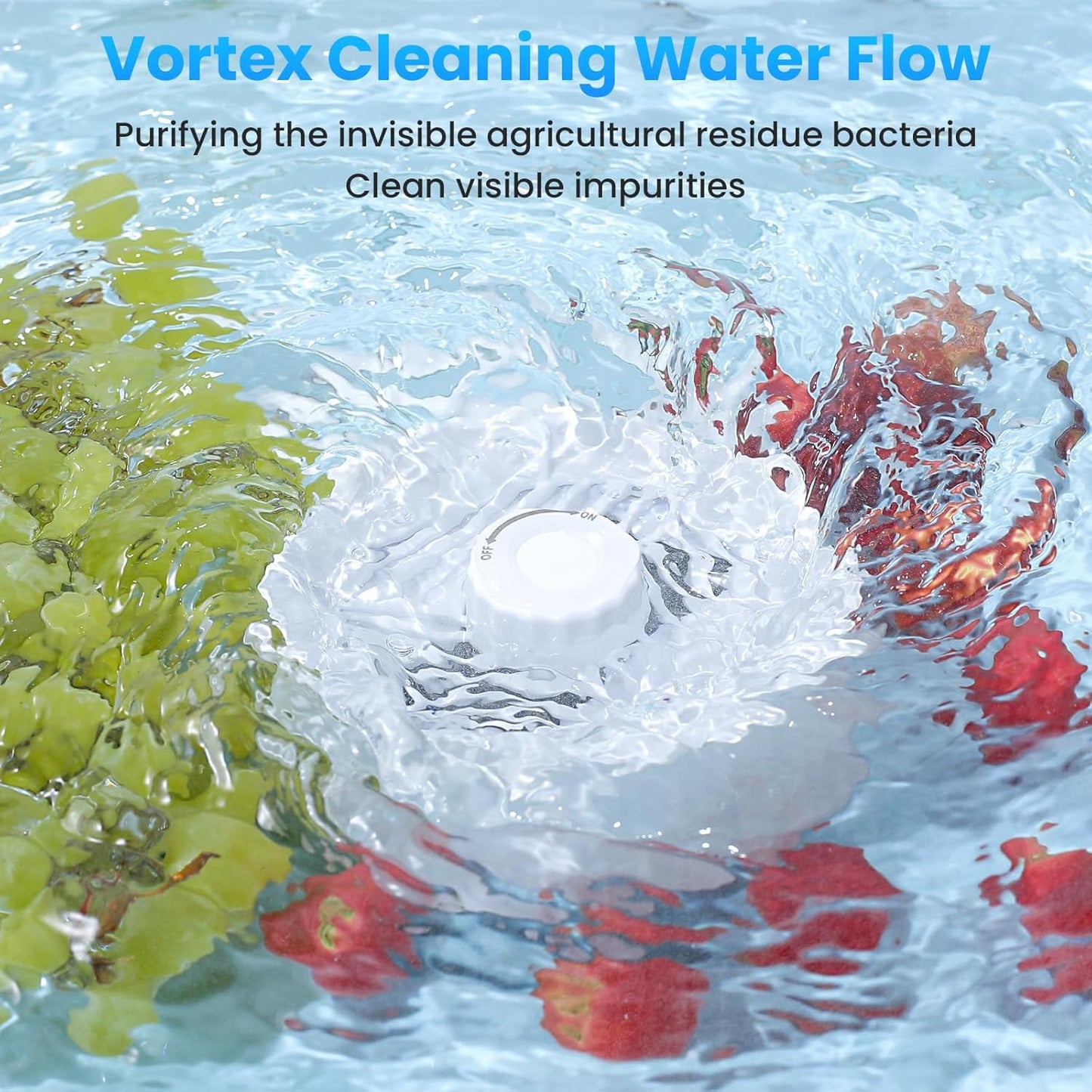 Fruit and Vegetable Washing Machine. Rotatable Fruit and Vegetable Purifier. The Fruit Cleaner Device Automatically Turns on in The Water. Use Water Rotator and OH ion Purification Technology-OA