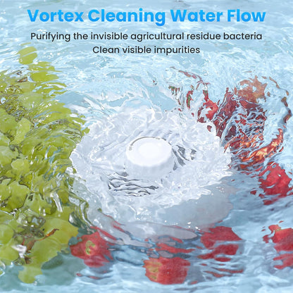 Fruit and Vegetable Washing Machine. Rotatable Fruit and Vegetable Purifier. The Fruit Cleaner Device Automatically Turns on in The Water. Use Water Rotator and OH ion Purification Technology-OA