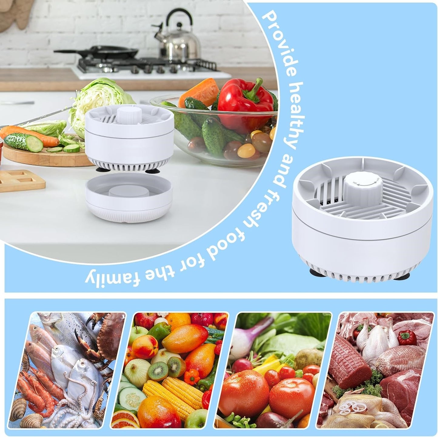Fruit and Vegetable Washing Machine. Rotatable Fruit and Vegetable Purifier. The Fruit Cleaner Device Automatically Turns on in The Water. Use Water Rotator and OH ion Purification Technology-OA