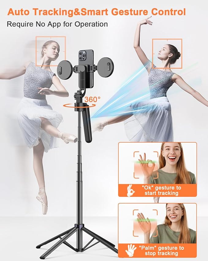 Smart Face-Tracking Selfie Stick, Rechargeable 360-Degree Auto-Tracking Phone Holder with 2 Fill Lights, Tripod Light, Smartphone Camera Accessory for Vlogging & Live Streaming-BP