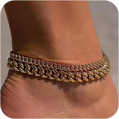 FREEKISS Chunky Cuban Link Chain Anklet for Women Waterproof Adjustable Length 8.5+2 Inch Fashion Chic Accessories Trendy Layered Anklet Set Jewelry Gift-BP
