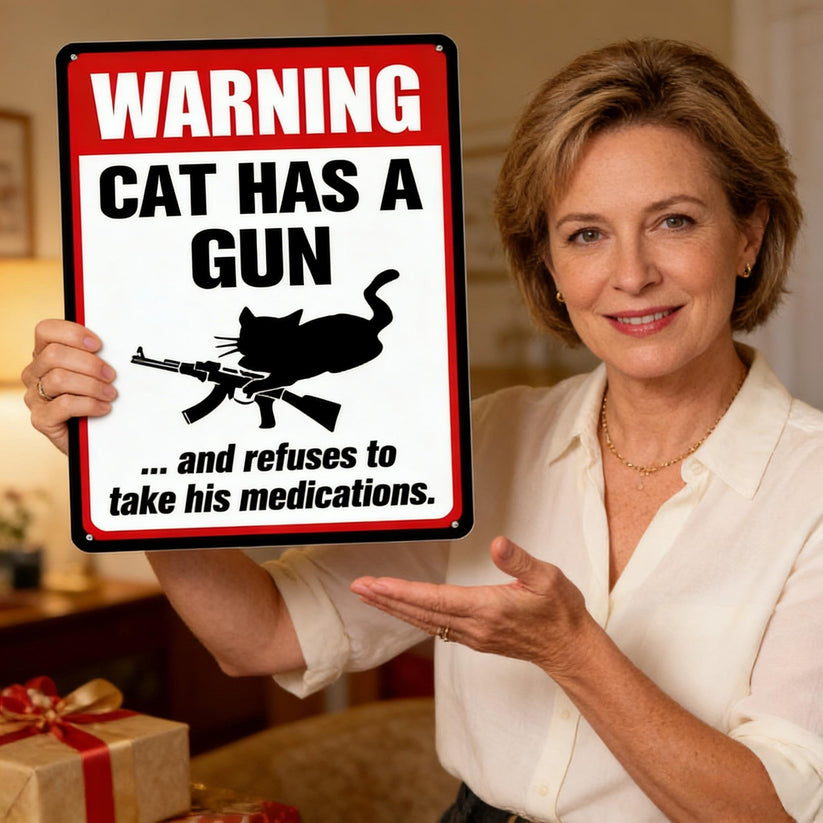 Funny "Cat & Dog Has a Gun & Won't Take Meds" Aluminum Sign -KKK