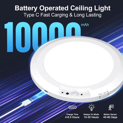 Luz de techo recargable con sensor de movimiento y control remoto - Lámpara de techo inalámbrica magnética a batería para armarios, duchas, escaleras, cobertizos, pasillos, porches, patios, etc.