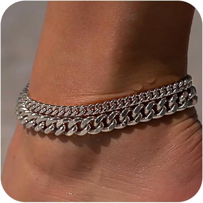 FREEKISS Chunky Cuban Link Chain Anklet for Women Waterproof Adjustable Length 8.5+2 Inch Fashion Chic Accessories Trendy Layered Anklet Set Jewelry Gift-BP