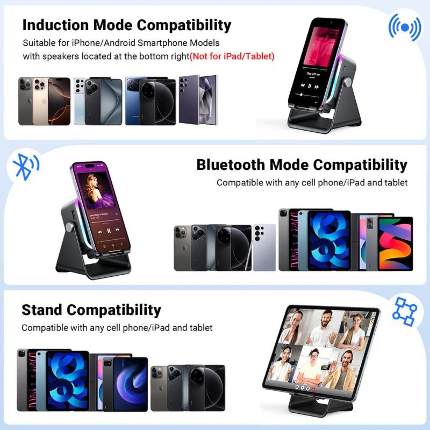 🔥Final 3 Hours: 70%OFF🔥 Wireless Induction Audio Speaker Stand, 5in1 Cellphone Holder, Rechargeable Emergency Power Bank,360° Adjustable Mobile Tablet Stand with Colorful Ambient Light Gifts for Men Women-FO