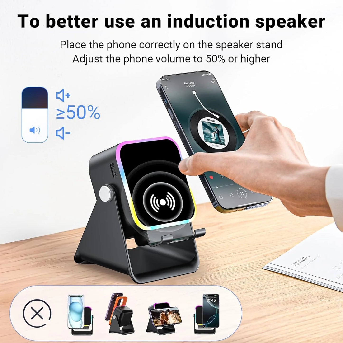 🔥Final 3 Hours: 70%OFF🔥 Wireless Induction Audio Speaker Stand, 5in1 Cellphone Holder, Rechargeable Emergency Power Bank,360° Adjustable Mobile Tablet Stand with Colorful Ambient Light Gifts for Men Women-FO