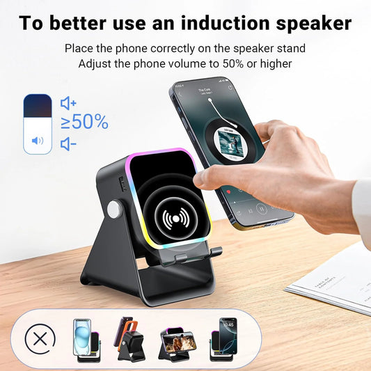 🔥Final 3 Hours: 70%OFF🔥 Wireless Induction Audio Speaker Stand, 5in1 Cellphone Holder, Rechargeable Emergency Power Bank,360° Adjustable Mobile Tablet Stand with Colorful Ambient Light Gifts for Men Women-FO