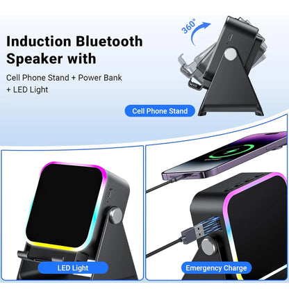 🔥Final 3 Hours: 70%OFF🔥 Wireless Induction Audio Speaker Stand, 5in1 Cellphone Holder, Rechargeable Emergency Power Bank,360° Adjustable Mobile Tablet Stand with Colorful Ambient Light Gifts for Men Women-FO