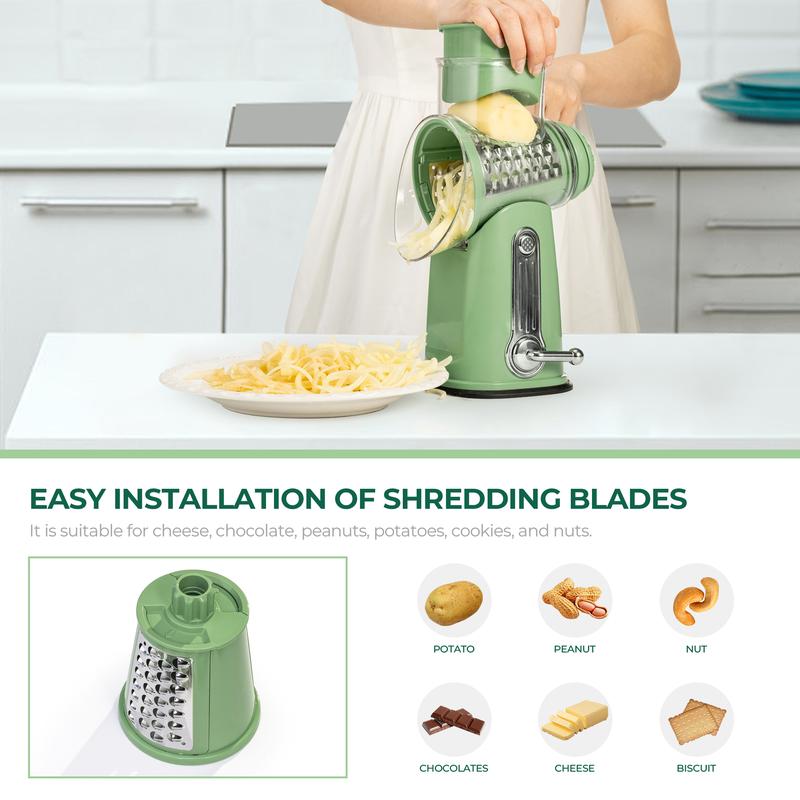 🔥LAST DAY SALE-50% OFF Handheld Rotary Cheese Grater, equipped with 5 carefully designed blades and a strong suction cup base-EV