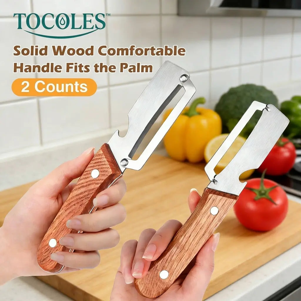 Wooden-Handled Stainless Steel Sharp Peeler with Built-In Bottle Opener-OA