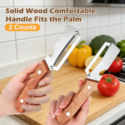 Wooden-Handled Stainless Steel Sharp Peeler with Built-In Bottle Opener-OA
