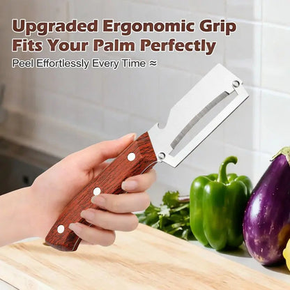 Wooden-Handled Stainless Steel Sharp Peeler with Built-In Bottle Opener-OA