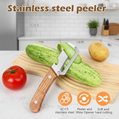 Wooden-Handled Stainless Steel Sharp Peeler with Built-In Bottle Opener-OA