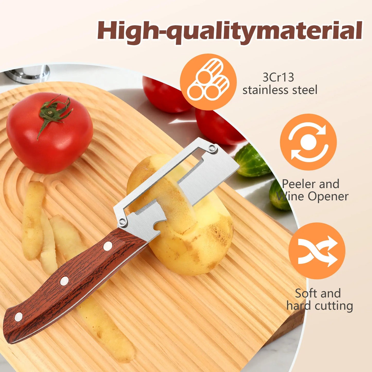 Wooden-Handled Stainless Steel Sharp Peeler with Built-In Bottle Opener-OA