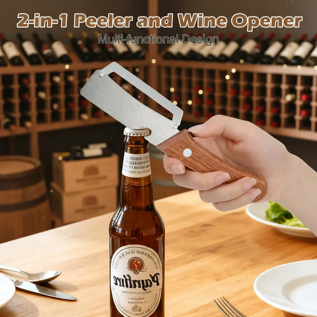 Wooden-Handled Stainless Steel Sharp Peeler with Built-In Bottle Opener-OA