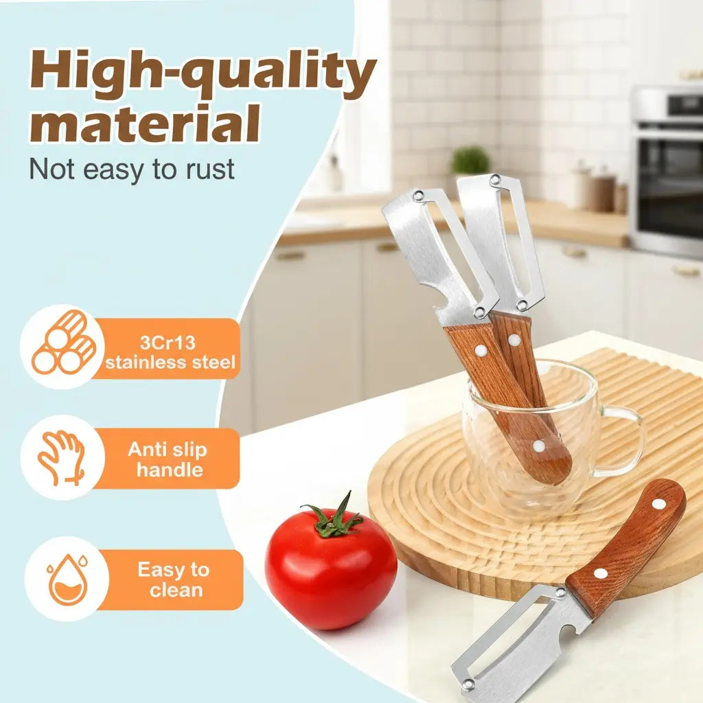 Wooden-Handled Stainless Steel Sharp Peeler with Built-In Bottle Opener-OA