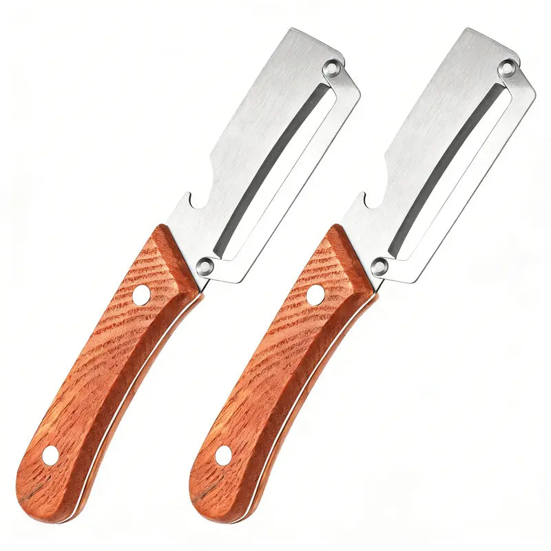 Wooden-Handled Stainless Steel Sharp Peeler with Built-In Bottle Opener-OA