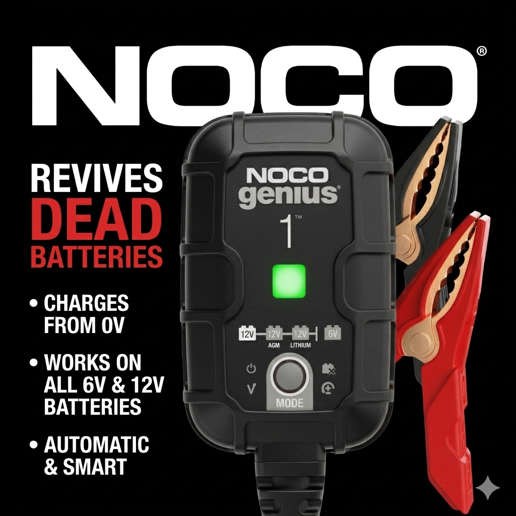 NOCO GENIUS1 1A Smart Battery Charger, 6V and 12V, Battery Maintainer, Trickle Charger and Desulfator -KKK